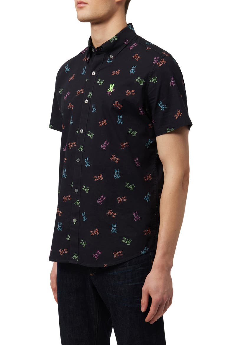 Bunny Print Stretch Short Sleeve Button-Down Shirt, Alternate, color, BLACK