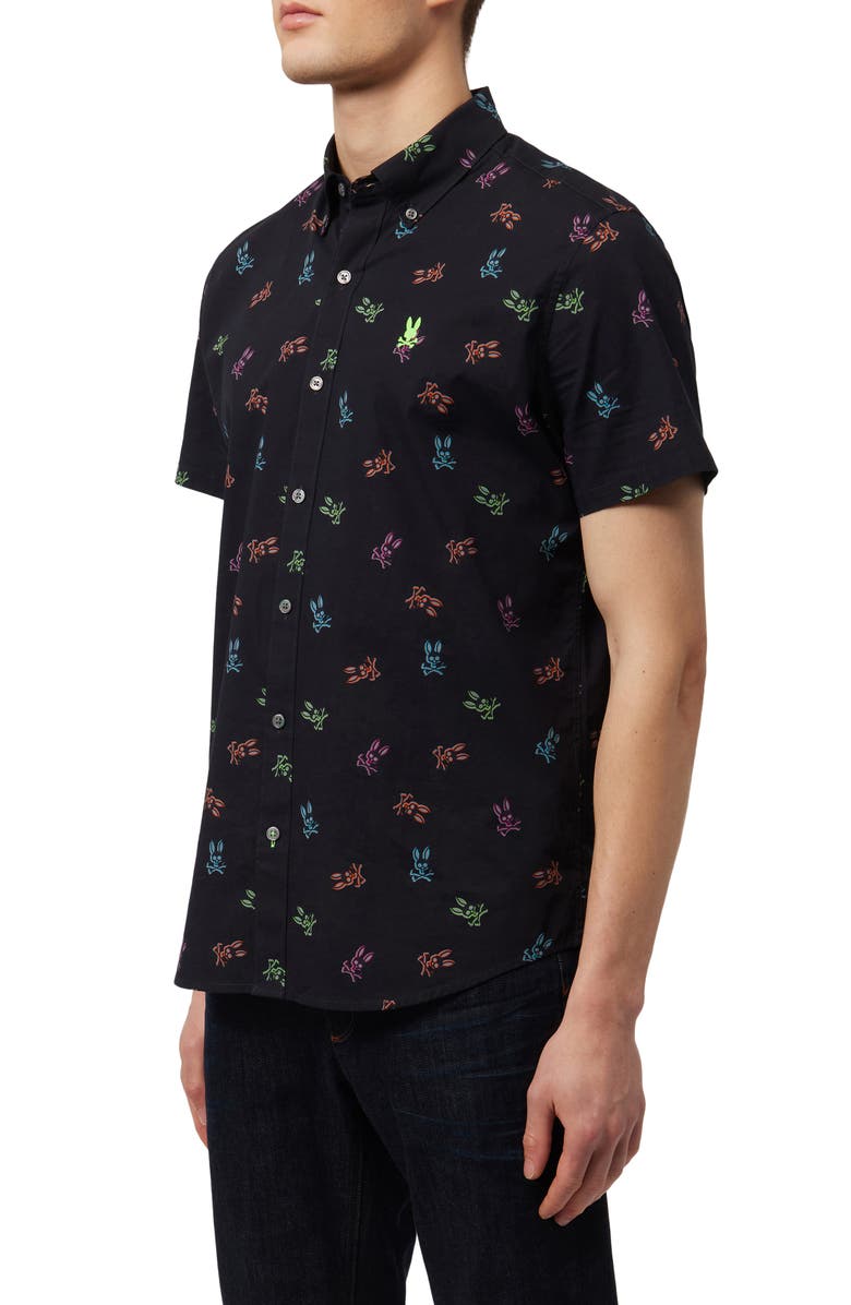 Psycho Bunny Bunny Print Stretch Short Sleeve Button-Down Shirt, Alternate, color, 