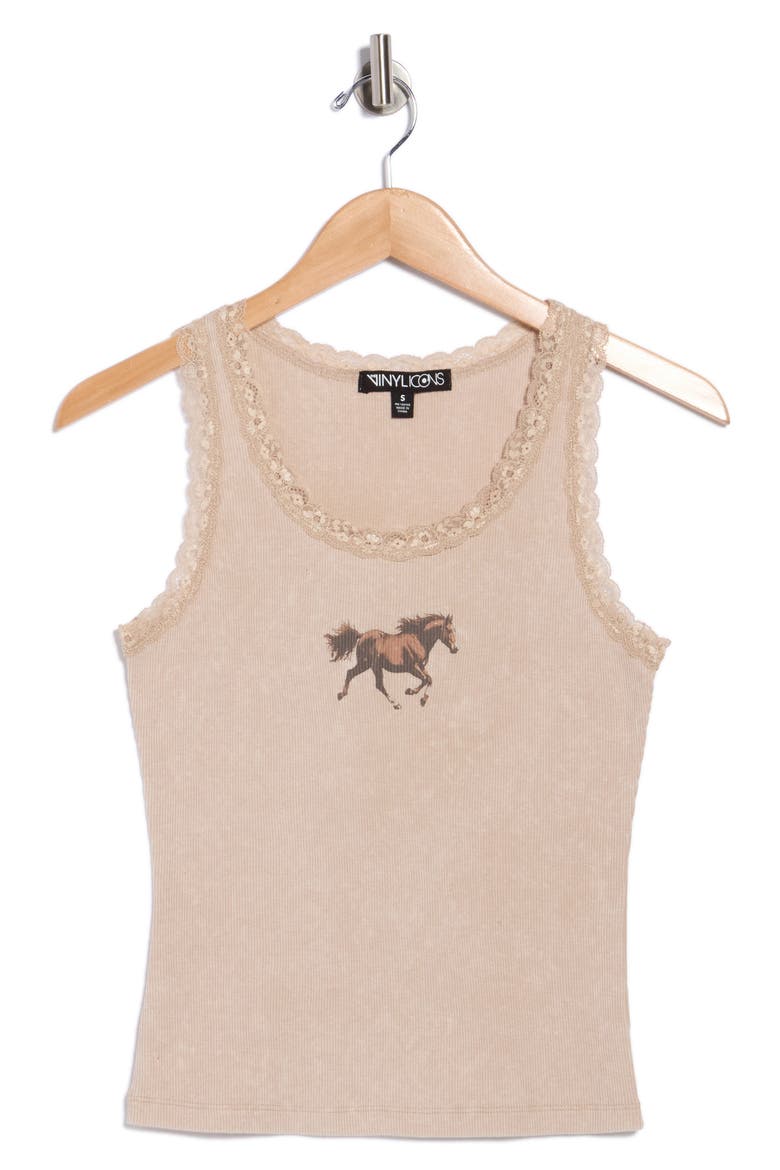 Horse Running Lace Trim Rib Graphic Tank, Alternate, color, NATURAL