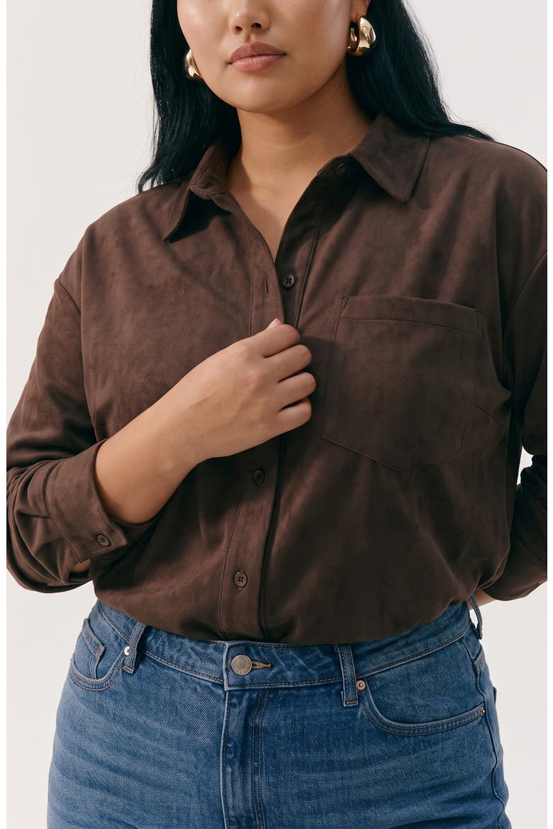 Faux Suede Button Down Shirt, Alternate, color, CHOCOLATRE TORTE
