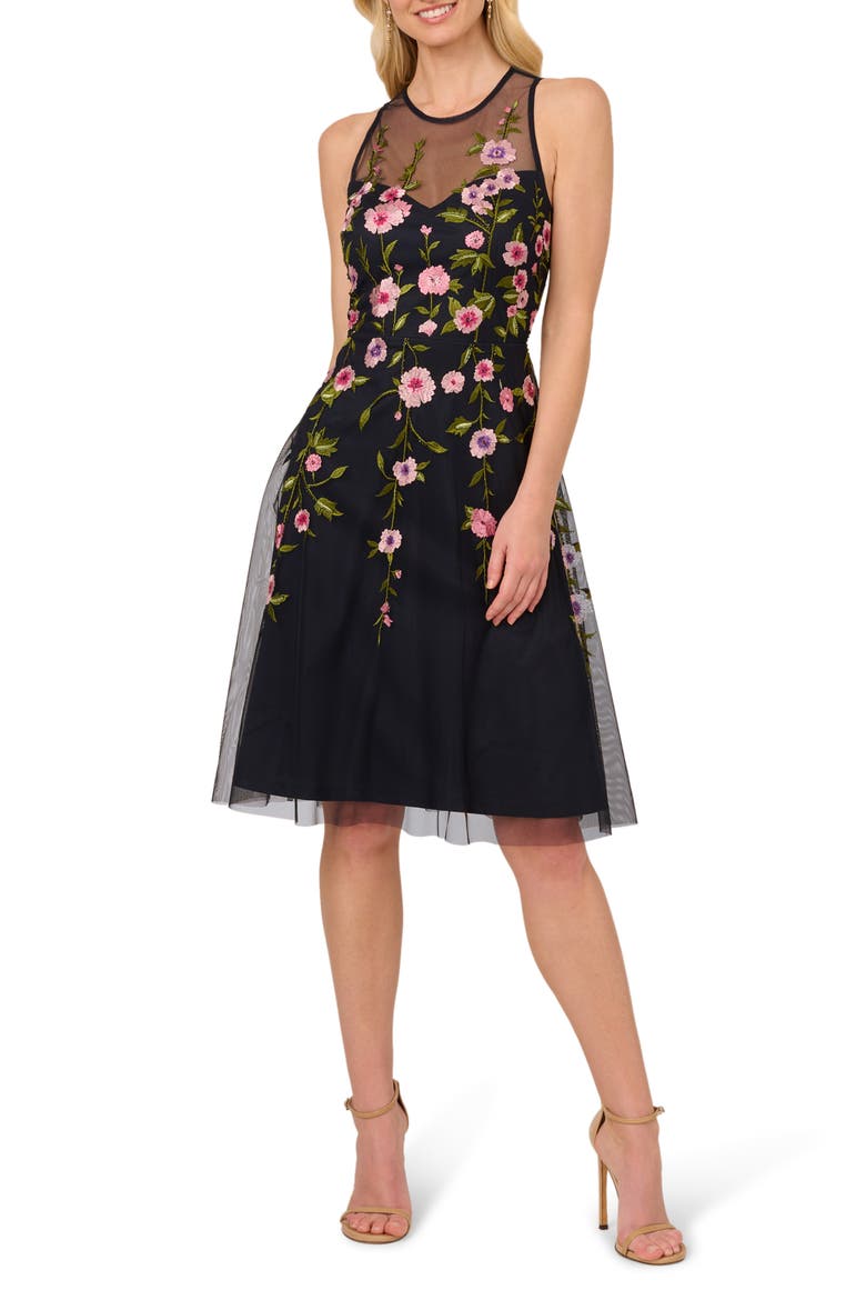 Floral Embroidered High-Low Midi Dress, Main, color, MIDNIGHT MULTI