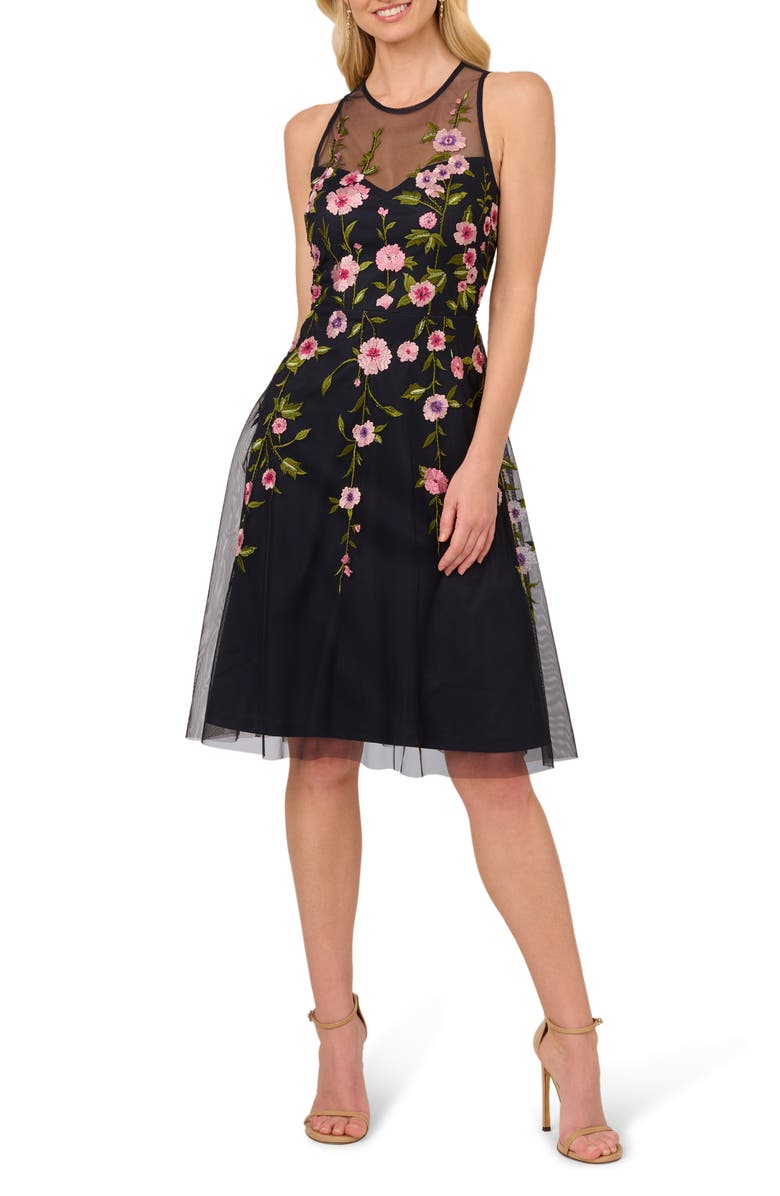 Adrianna Papell Floral Embroidered High-Low Midi Dress, Main, color, Midnight Multi