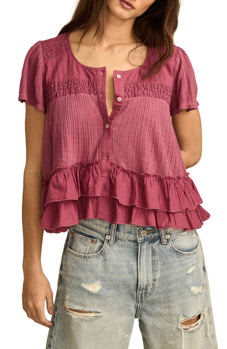 Lucky Brand Ruffle Short Sleeve Button-Up Top, Main, color, 