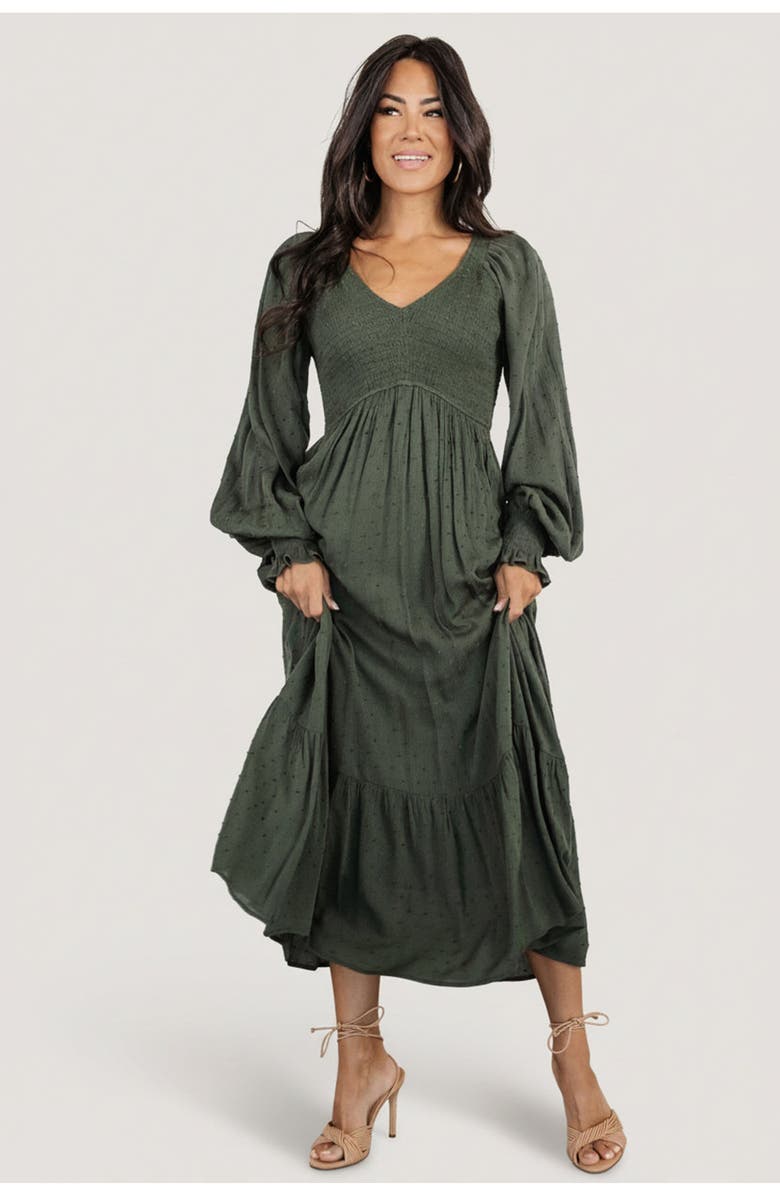 Baltic Born Lainey Smocked Dotted Midi Dress, Main, color, Deep Olive