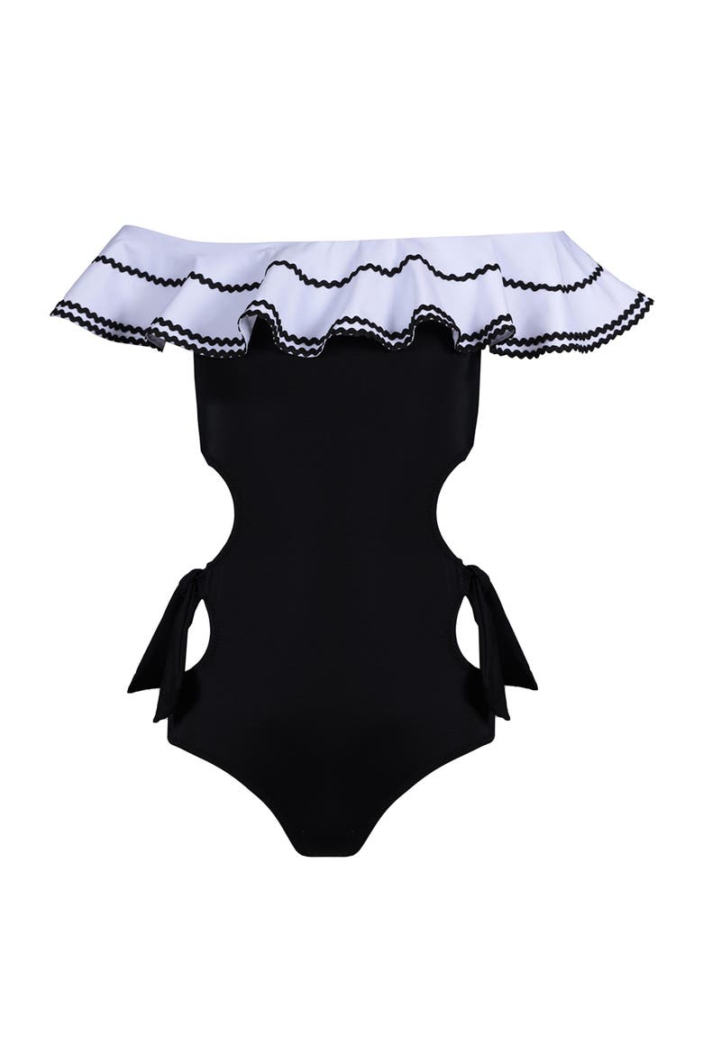 Off-Shoulder Cut-Out Ruffled One-Piece Swimsuit, Little Kid-Big Kid, Main, color, Black