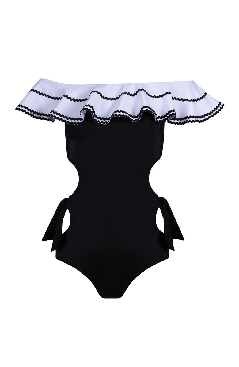 NESSI BYRD Off-Shoulder Cut-Out Ruffled One-Piece Swimsuit, Little Kid-Big Kid, Main, color, Black