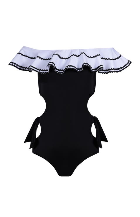 Off-Shoulder Cut-Out Ruffled One-Piece Swimsuit, Little Kid-Big Kid
