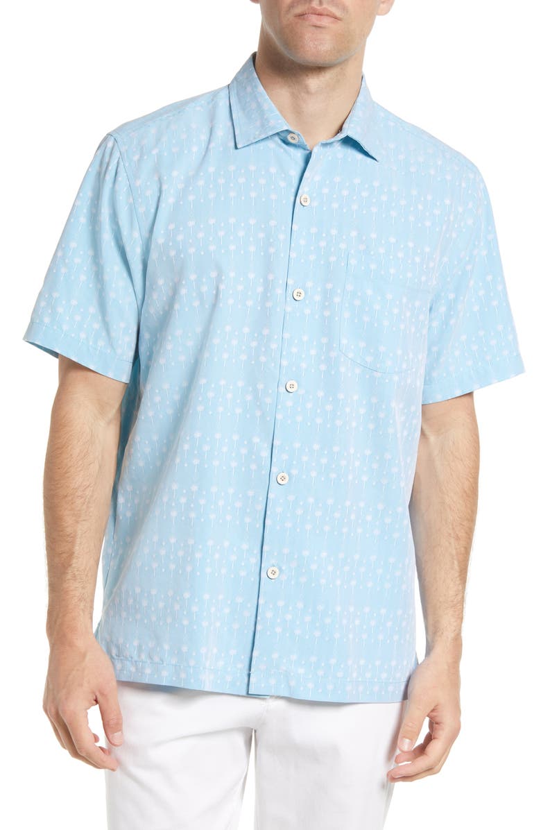 Tommy Bahama Coconut Point Geo Fronds Print Short Sleeve Button-Up Shirt, Main, color, Tropical Turquoise
