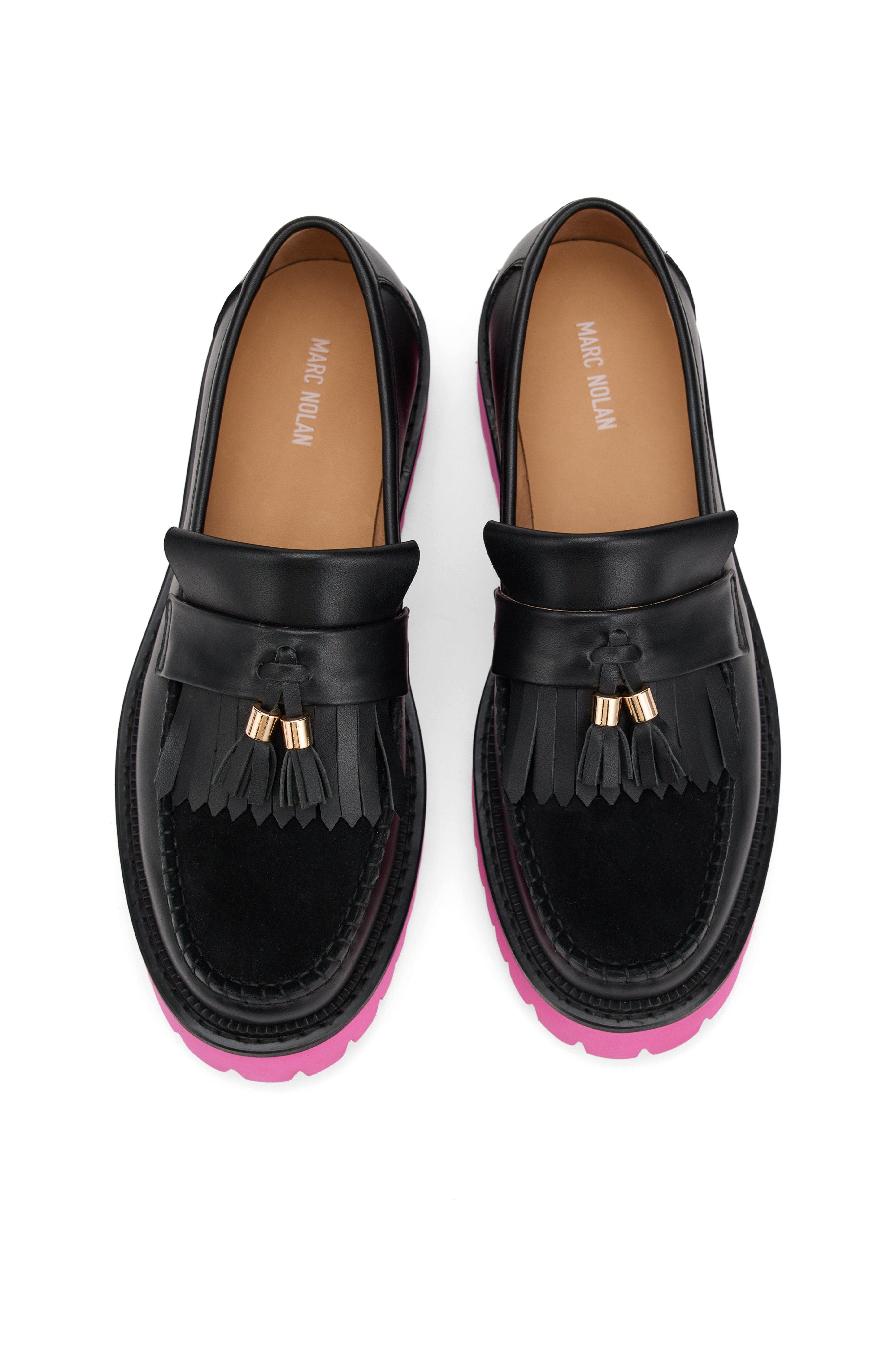MARC NOLAN Ms. Journey Leather Lug Tassel Loafer, Alternate, color, Black/Pink