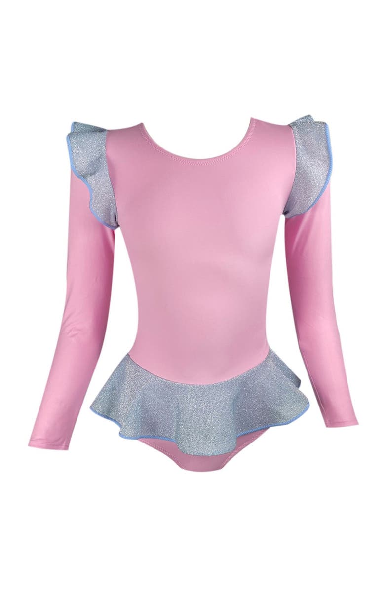 NESSI BYRD Silver Glitter Ruffles Long-Sleeve Rushguard, Main, color, Pink