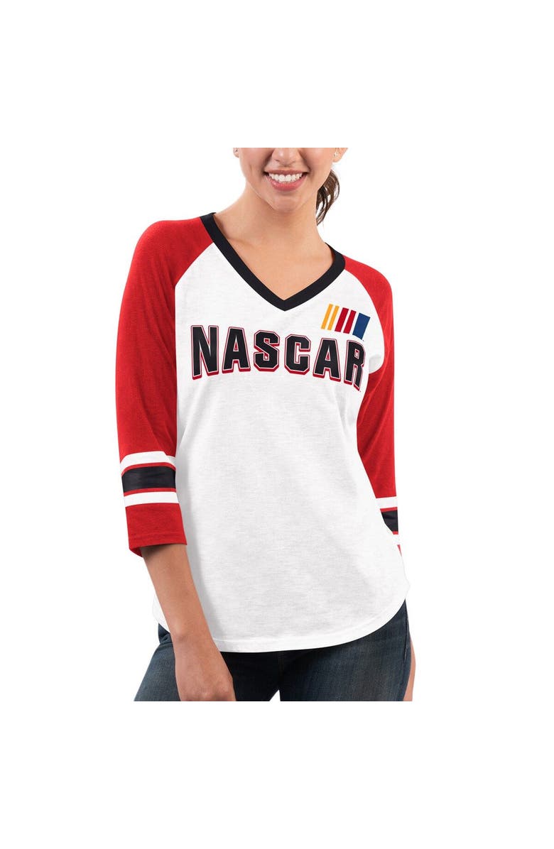 G-III 4HER BY CARL BANKS Women's G-III 4Her by Carl Banks White/Red NASCAR Merchandise Top Team V-Neck 3/4 Sleeve T-Shirt, Main, color, 
