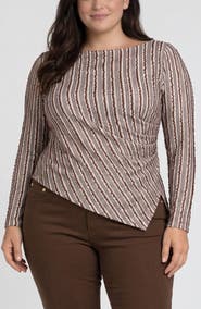 Liverpool Los Angeles Striped Asymmetrical Hem Boat Neck Top