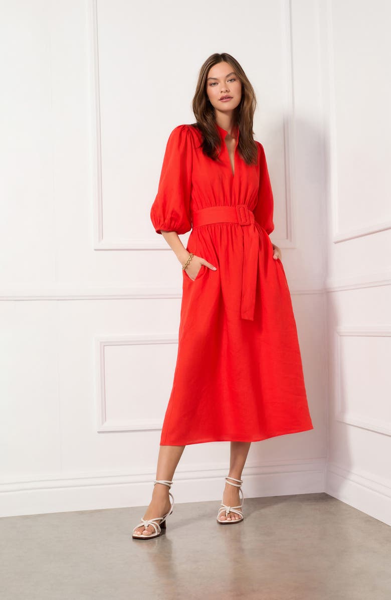 FIFTEEN TWENTY Belted Split Neck Linen Maxi Dress, Alternate, color, 