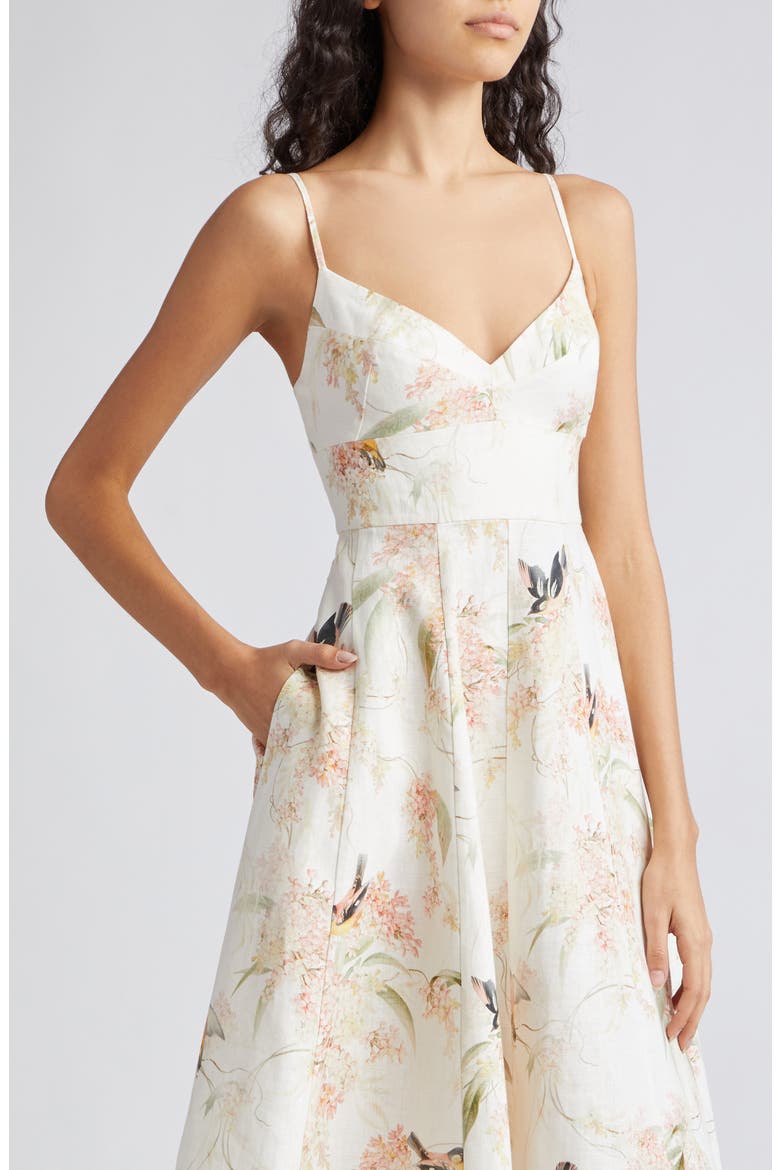 Picnic Floral Linen Midi Sundress, Alternate, color, CORAL BIRDS