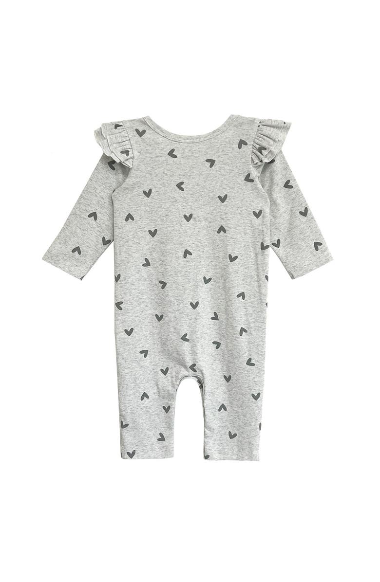 Mabel + Honey Mabel and Honey Heartfelt Romper, Grey Scattered-Heart Ruffled-Shoulder Baby Girl Romper, Long Sleeve., Alternate, color, Grey