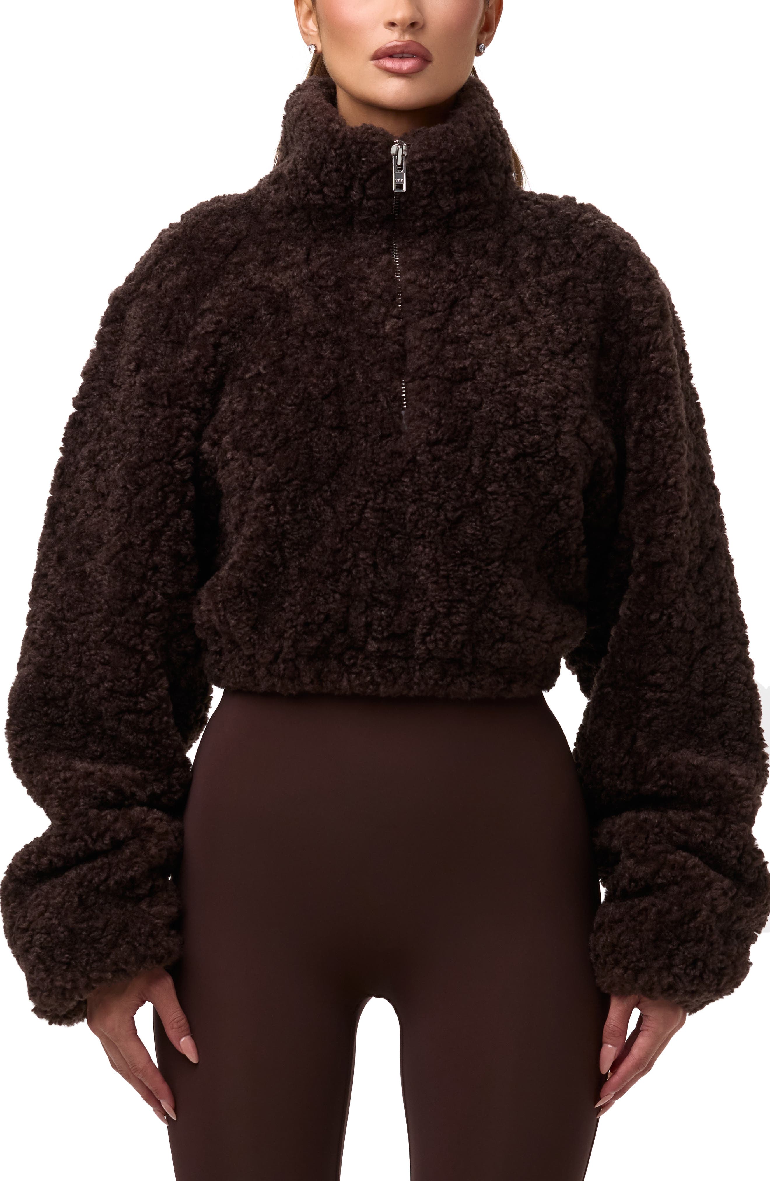 Naked Wardrobe Faux Shearling Quarter Zip Crop Pullover