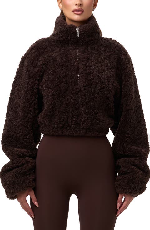 Faux Shearling Quarter Zip Crop Pullover
