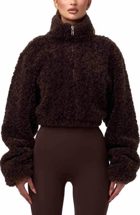Naked Wardrobe Faux Shearling Quarter Zip Crop Pullover