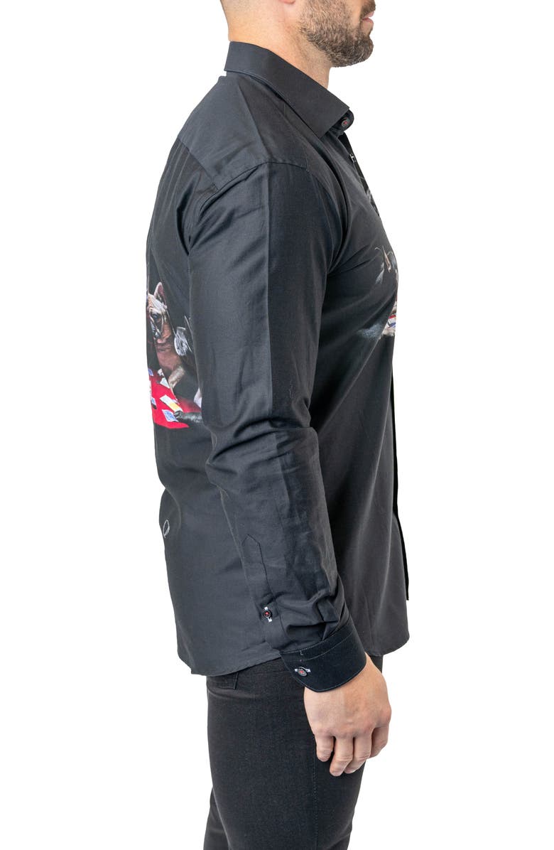 Maceoo Fibonacci Poker Dogs Cotton Button-Up Shirt, Alternate, color, Black