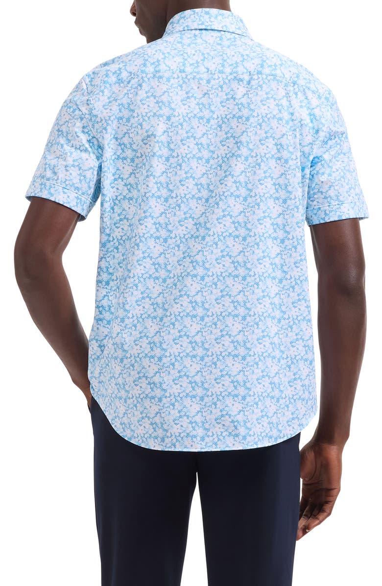 Bugatchi Miles OoohCotton<sup>®</sup> Watercolor Floral Print Short Sleeve Button-Up Shirt, Alternate, color, Teal