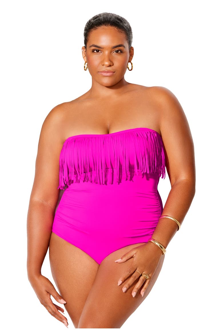 Fringe Bandeau One Piece Swimsuit, Main, color, Fluorescent Pink