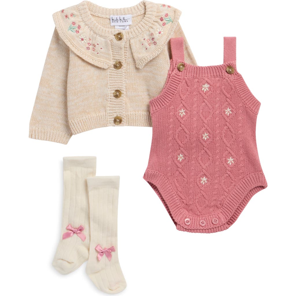 Nicole Miller Babies' Knit Bodysuit, Cardigan & Socks Set In Oatmeal Heather