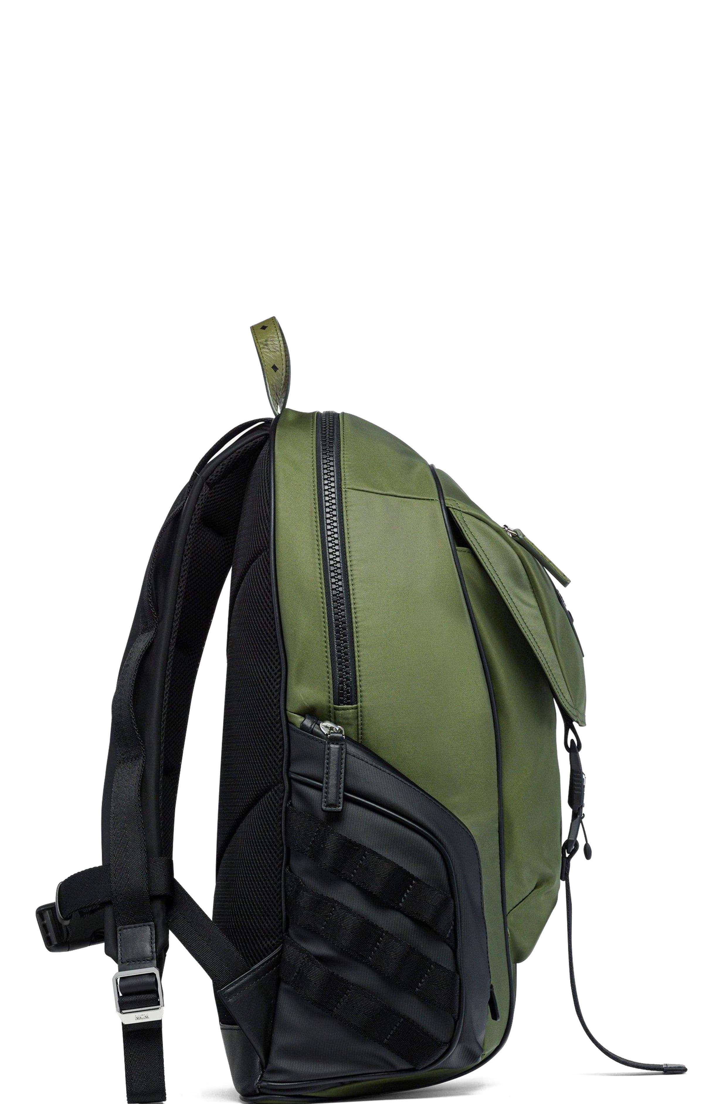 MCM Aren Backpack in ECONYLÂ<sup>®</sup> and Monogram Print Leather, Alternate, color, Khaki Moss