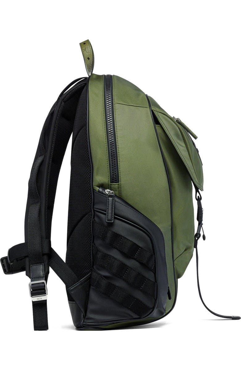 MCM Aren Backpack in ECONYLÂ<sup>®</sup> and Monogram Print Leather, Alternate, color, Khaki Moss