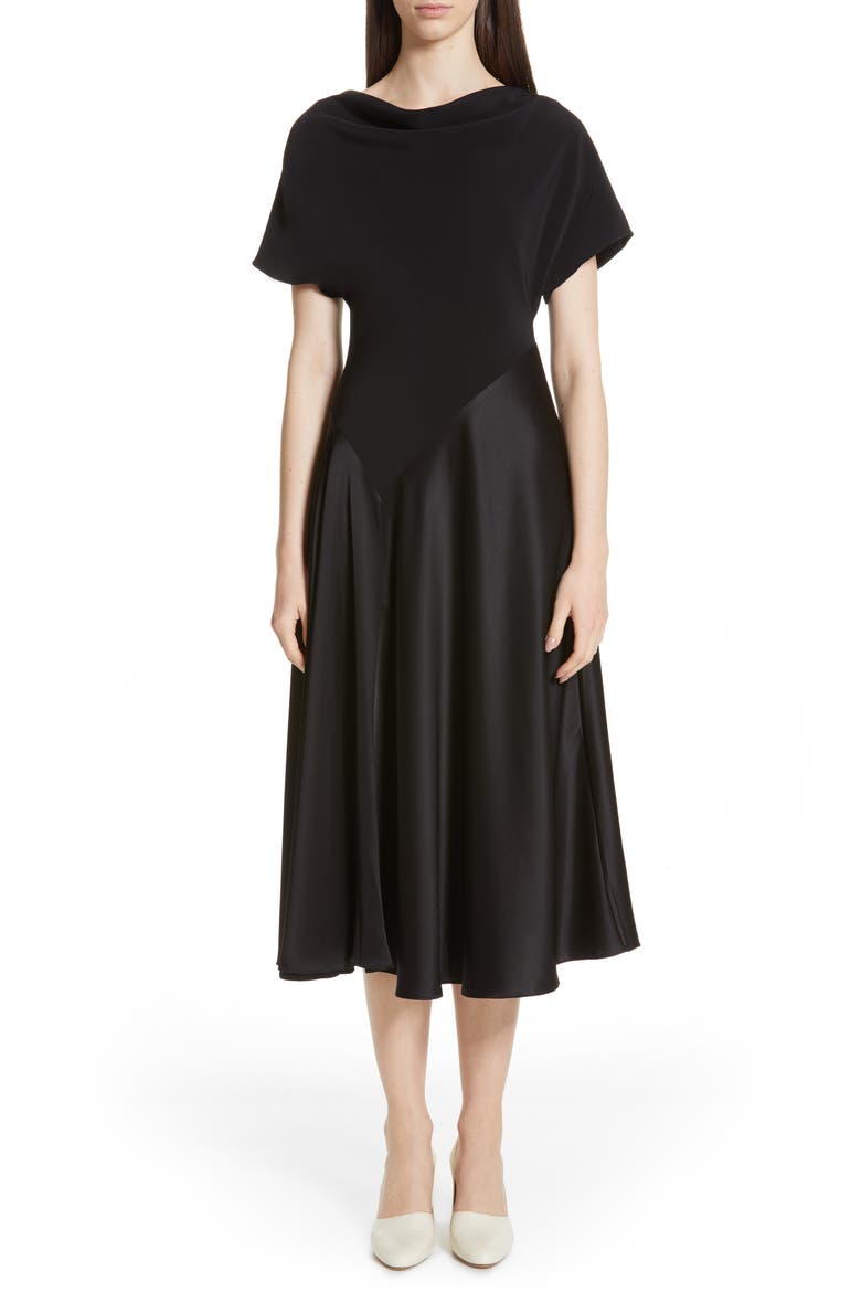 Stretch Crepe & Satin Dress, Main, color, BLACK