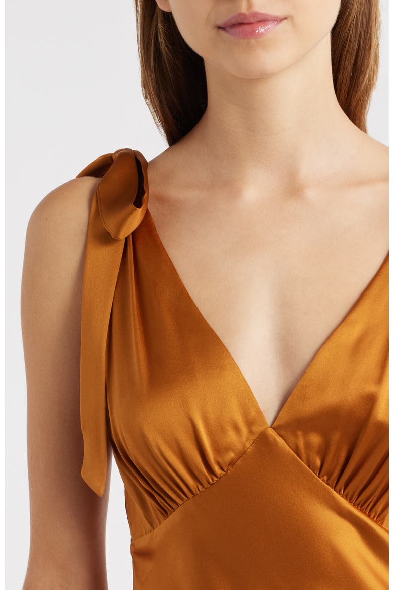 reformation pernille silk dress Reformation Pernille Silk Peach Tie Shoulder V-Neck Maxi Gown The Closet New York