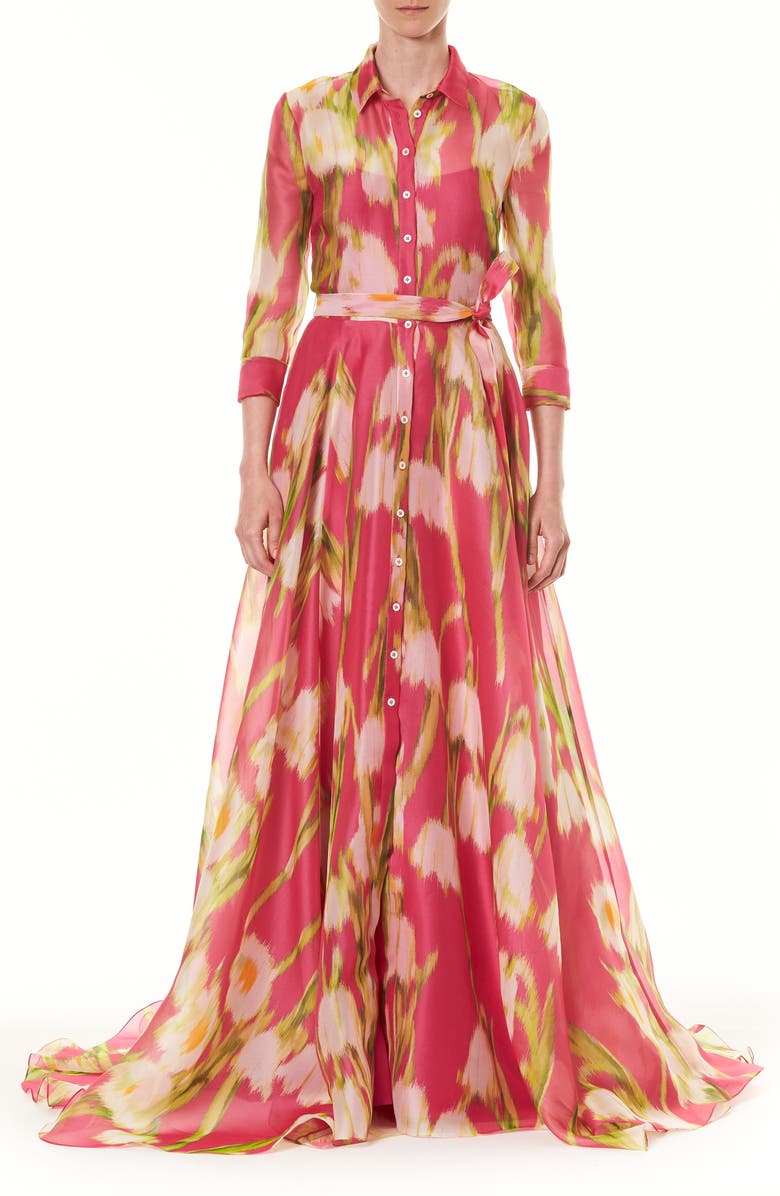 Carolina Herrera Floral Long Sleeve Silk Shirt Gown, Main, color, 