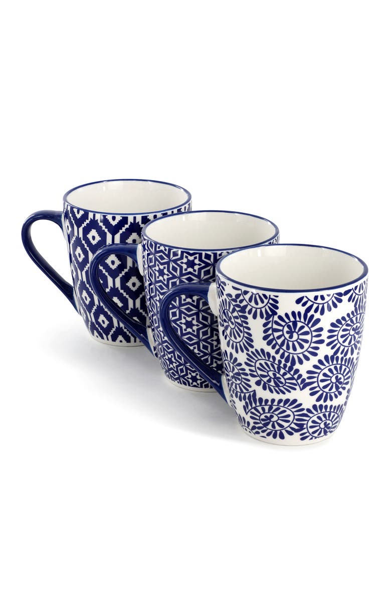 Elama Declan 6 Piece 12 Ounce Assorted Design Stoneware Mug Set, Alternate, color, Blue