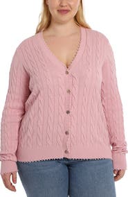 MINNIE ROSE Frayed V-Neck Cable Knit Cotton Cardigan