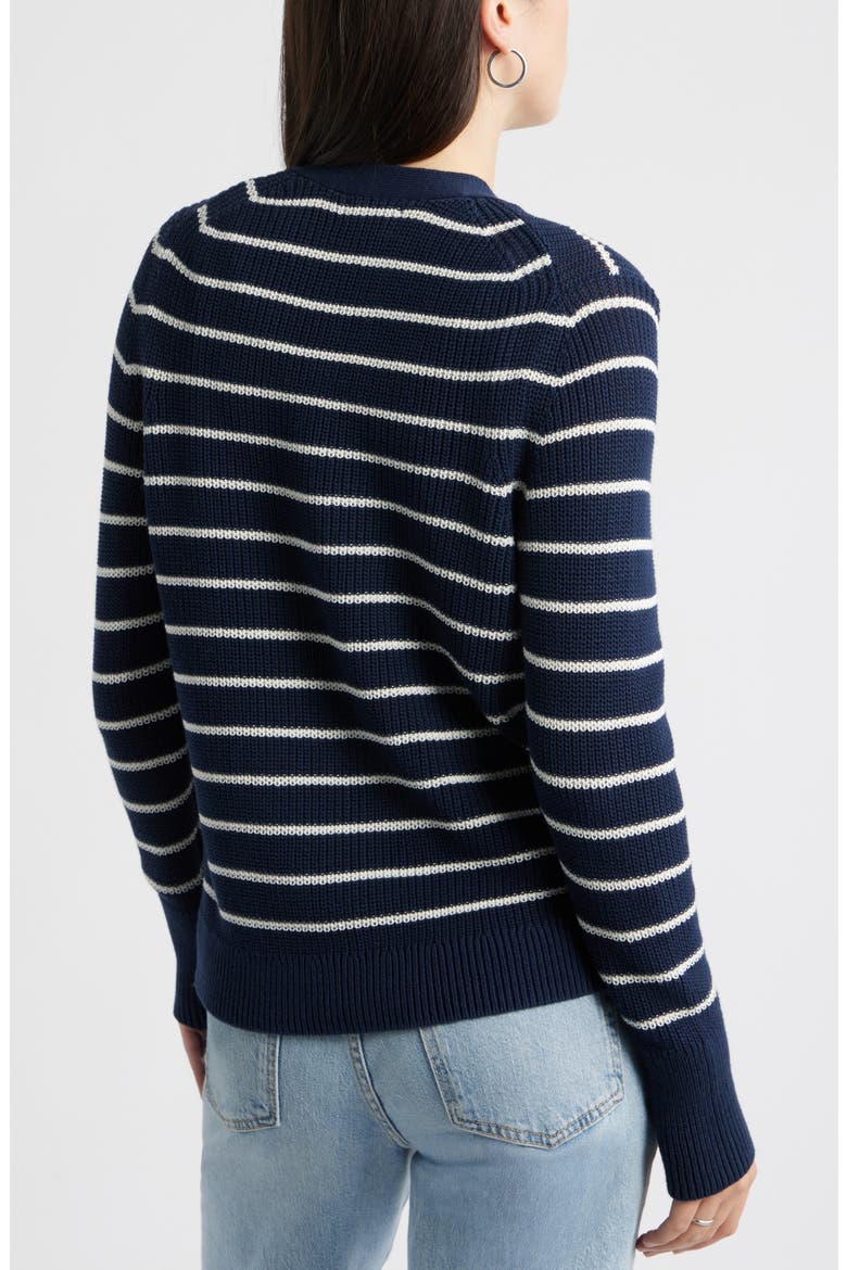 Shaker Stitch V-Neck Pima Cotton Cardigan, Alternate, color, NAVY STILL- IVORY JANA STRIPE
