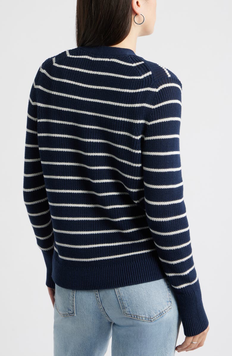 Caslon<sup>®</sup> Shaker Stitch V-Neck Pima Cotton Cardigan, Alternate, color, Navy Still- Ivory Jana Stripe