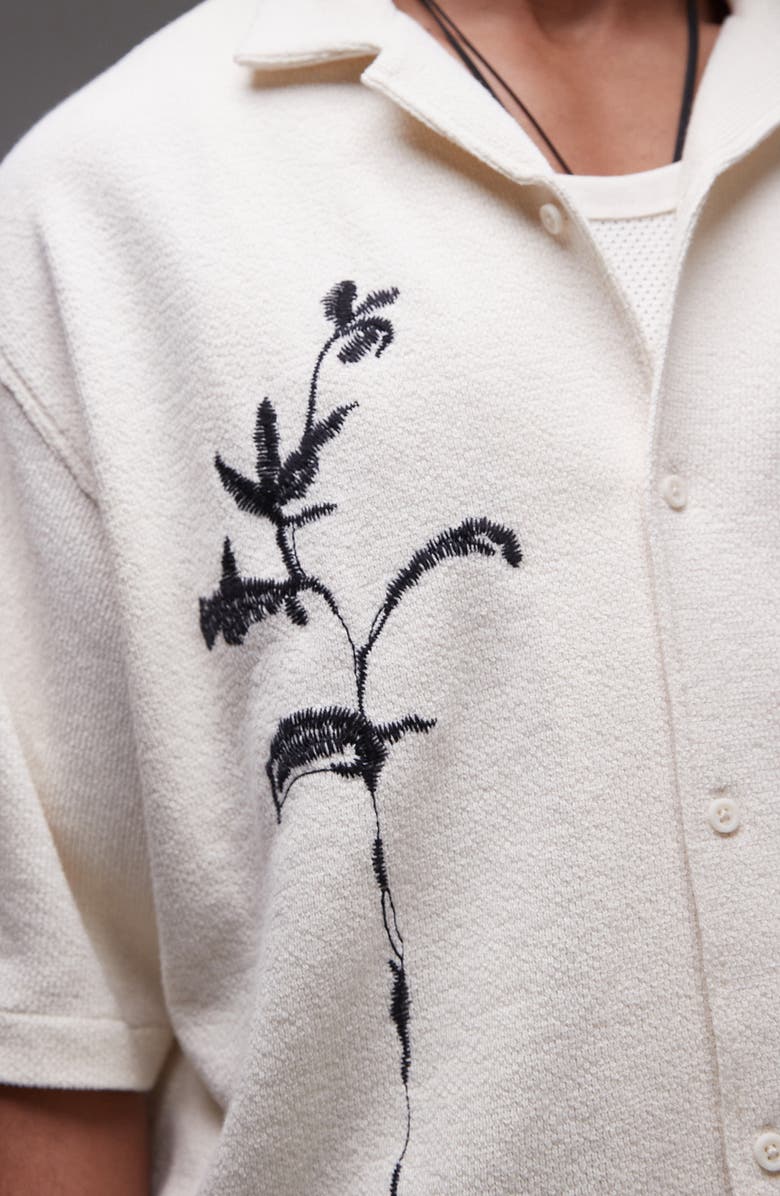 Topman Embroidered Boxy Cotton Blend Button-Up Shirt, Alternate, color, Cream