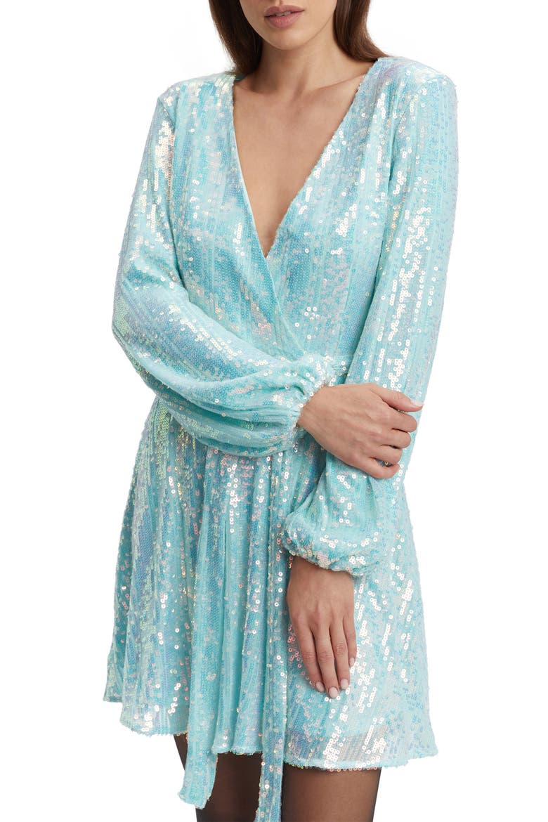Bellissa Sequin Long Sleeve Minidress, Alternate, color, AQUA
