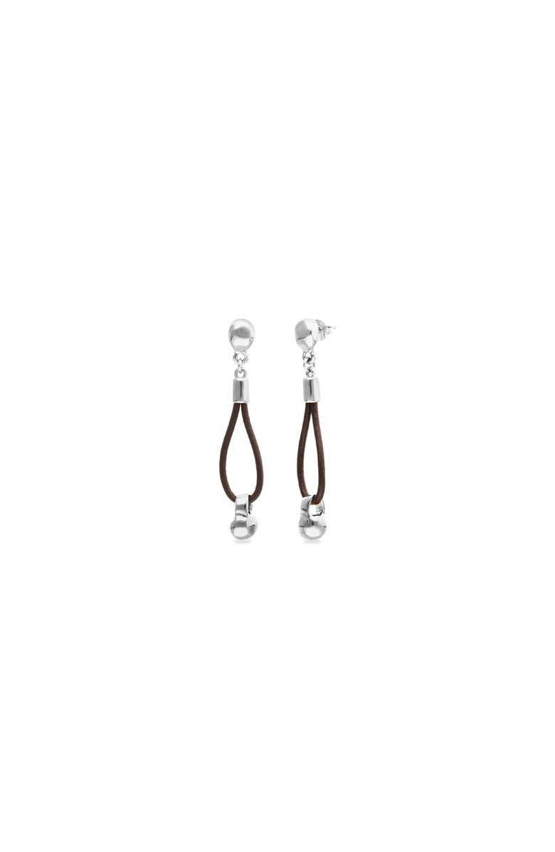 UNODE50 Long leather earrings with sterling silver-plated dial detail, Main, color, Silver