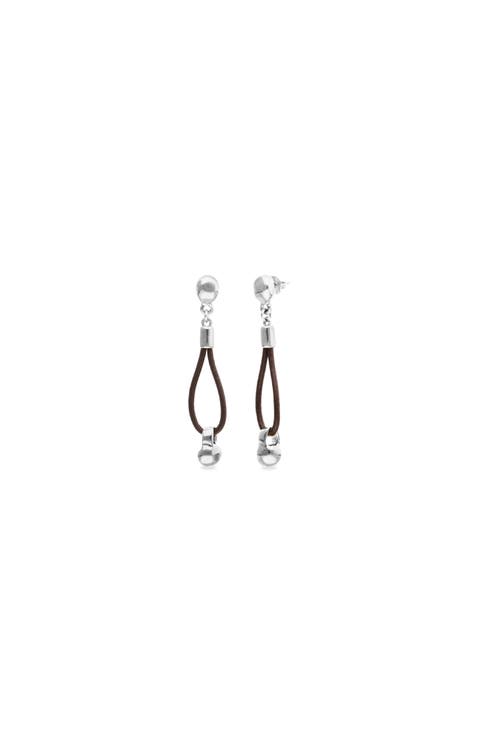 Long leather earrings with sterling silver-plated dial detail