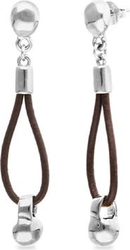 UNODE50 Long leather earrings with sterling silver-plated dial detail