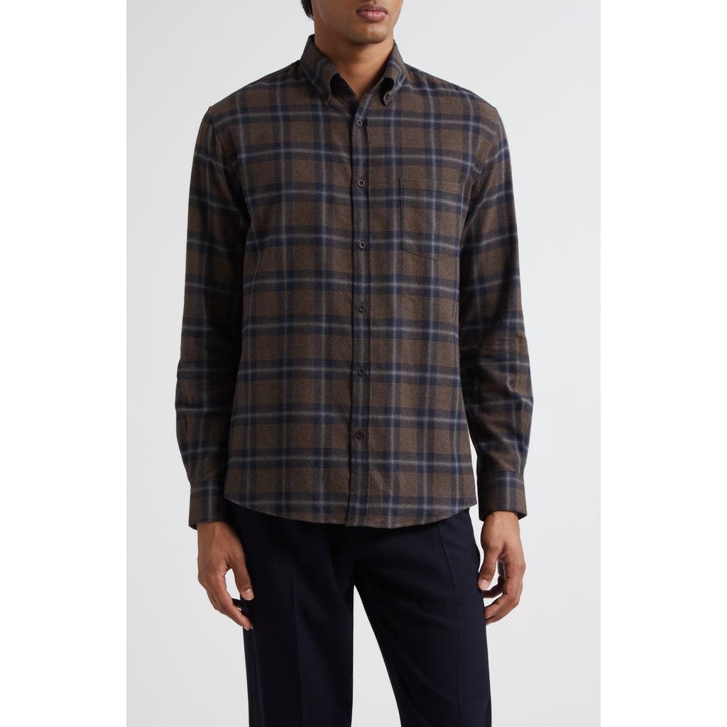 Sunspel Check Brushed Cotton Flannel Button-down Shirt In Brown