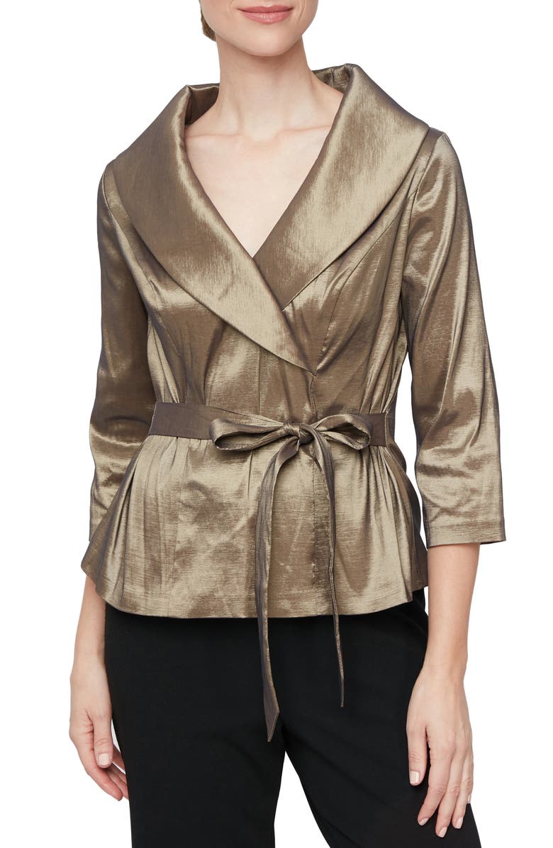 Alex Evenings Tie Waist Brushed Satin Top, Main, color, Bronze