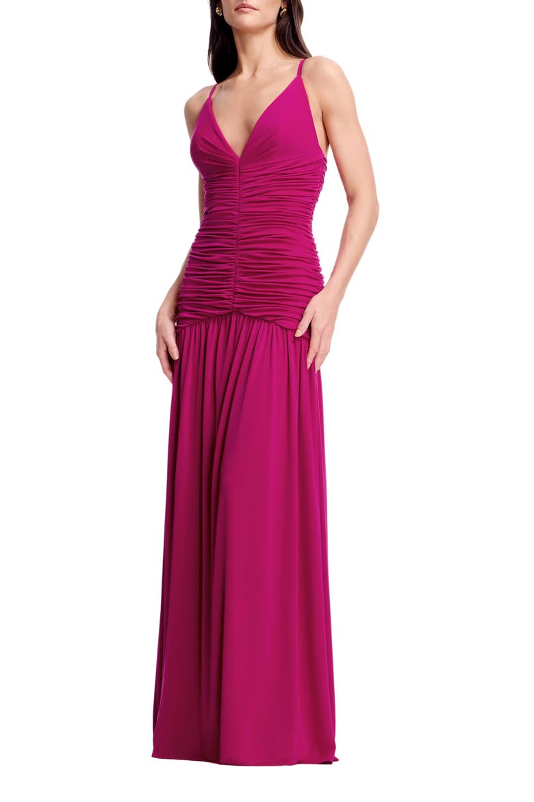 Elora Ruched Plunge Neck Gown, Main, color, DARK FUCHSIA