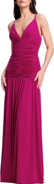 Dress the Population Elora Ruched Plunge Neck Gown