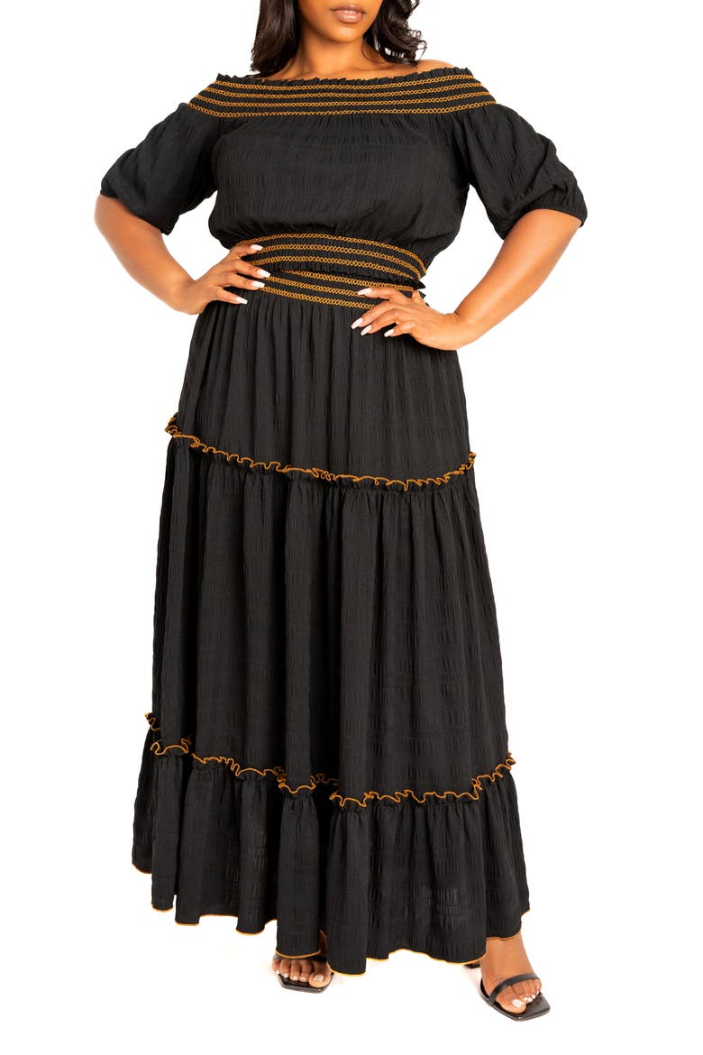 Smocked Off the Shoulder Puff Sleeve Top & Maxi Skirt Set, Main, color, BLACK