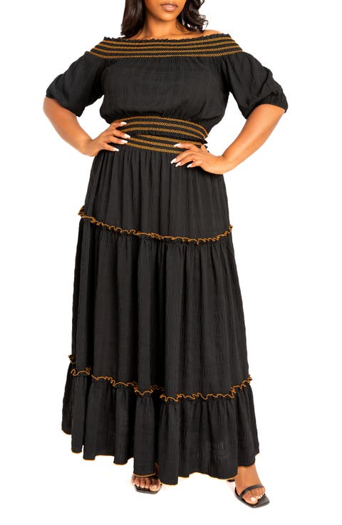 Smocked Off the Shoulder Puff Sleeve Top & Maxi Skirt Set (Plus Size)