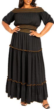 BUXOM COUTURE Smocked Off the Shoulder Puff Sleeve Top & Maxi Skirt Set