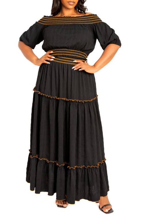 BUXOM COUTURE Smocked Off the Shoulder Puff Sleeve Top & Maxi Skirt Set in Black 