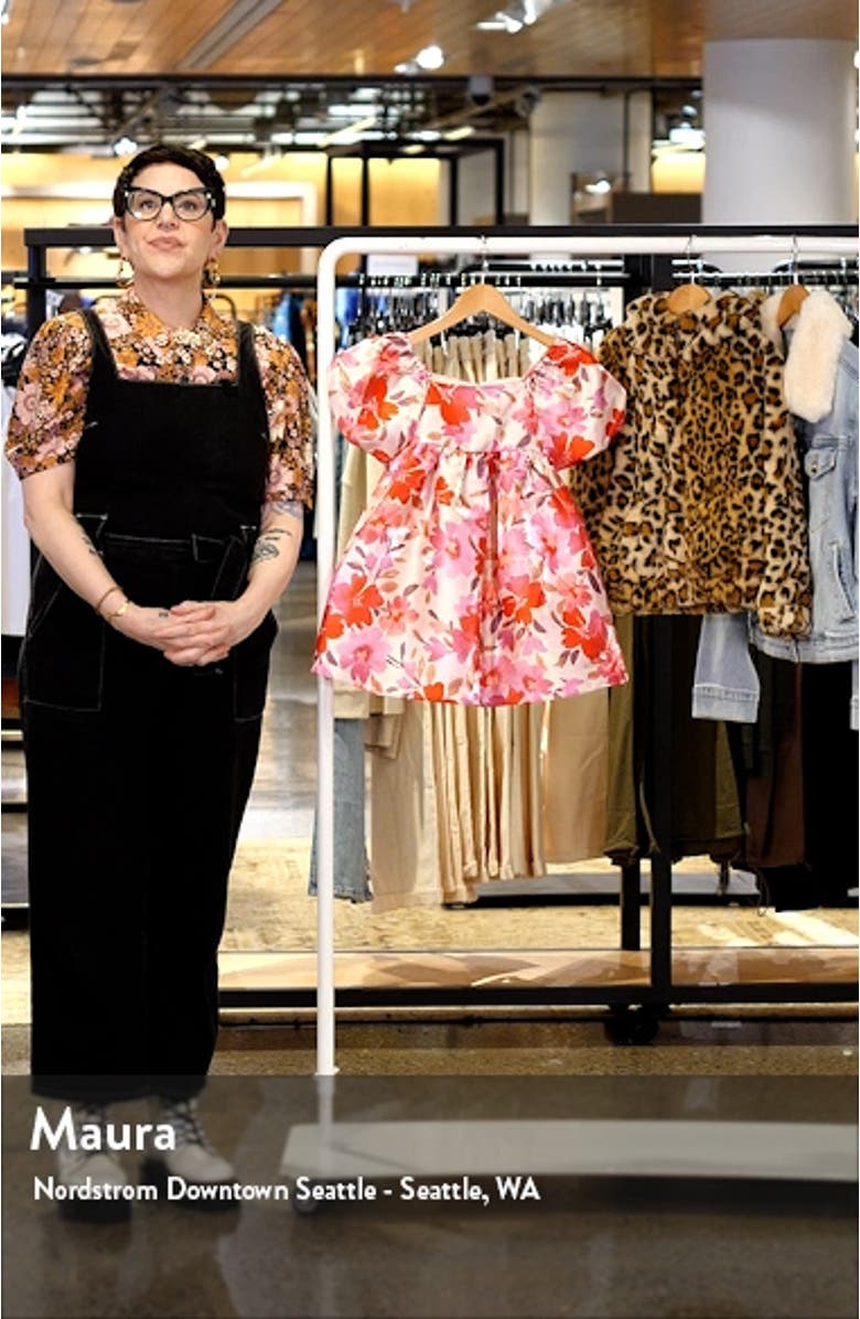 Kids' Floral Puff Sleeve Jacquard Satin Party Dress, sales video thumbnail