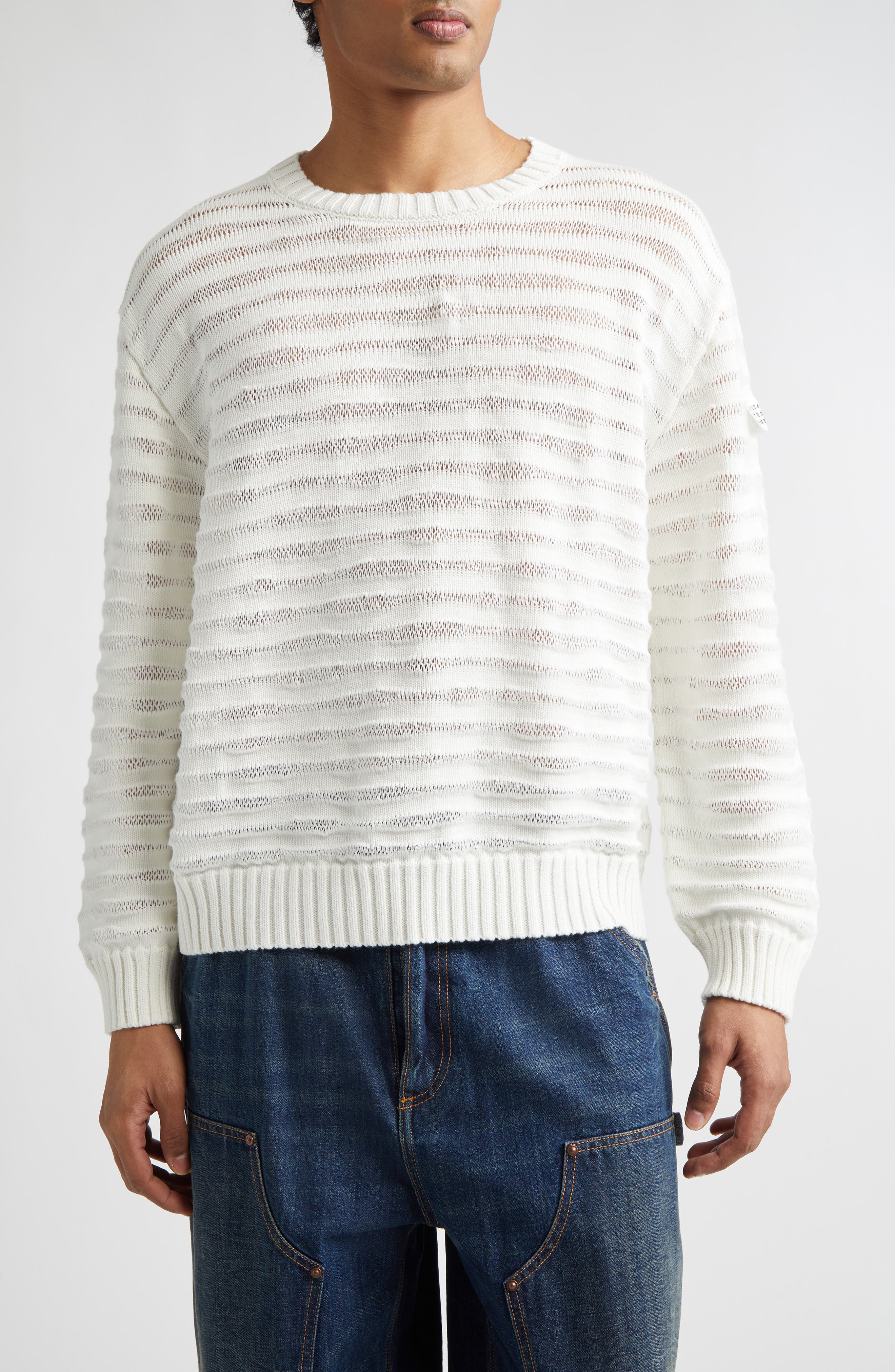 MM6 Maison Margiela Open Knit Stripe Cotton Crewneck Sweater (Men